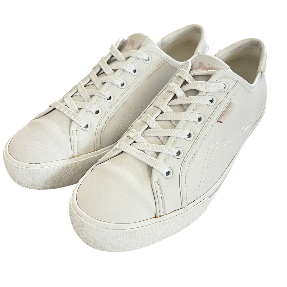 Coach Low Top Sneakers Womens Size 8.5 White Pink Leather Signature Monogram